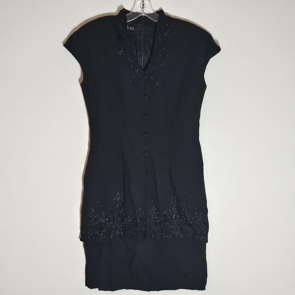 Marianna‎ Dress Womens 8 Black Beaded V Neck Button Front Sheath Cocktail Lined